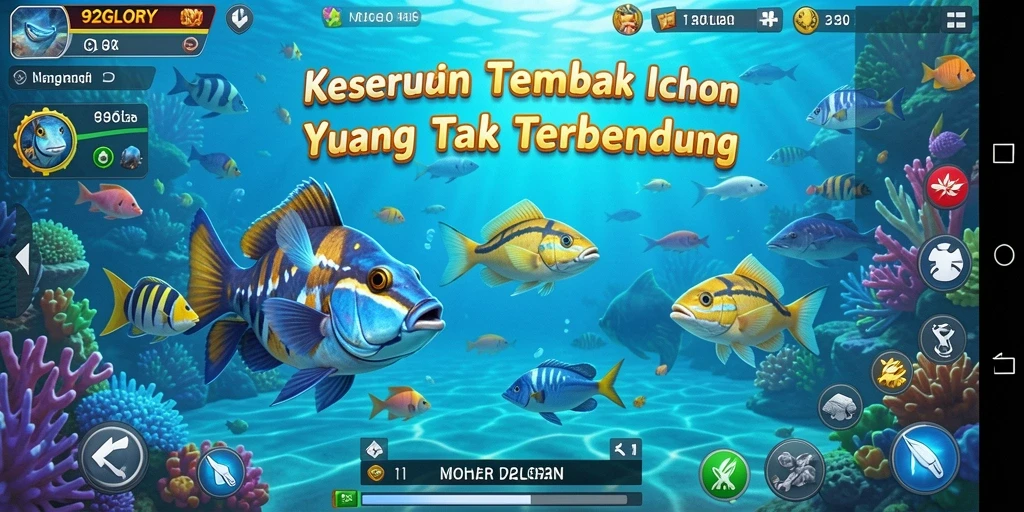 Screenshot gameplay 92GLORY menunjukkan keseruan menembak ikan yang penuh warna.
