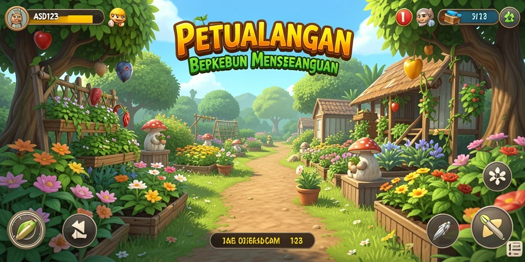 Screenshot main Gameplay ASD123 dengan suasana berkebun yang ceria.
