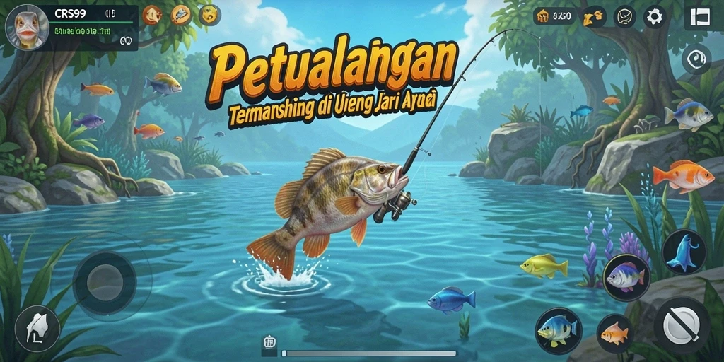 Tampilan gameplay CRS99 yang menampilkan aksi memancing yang mendebarkan.