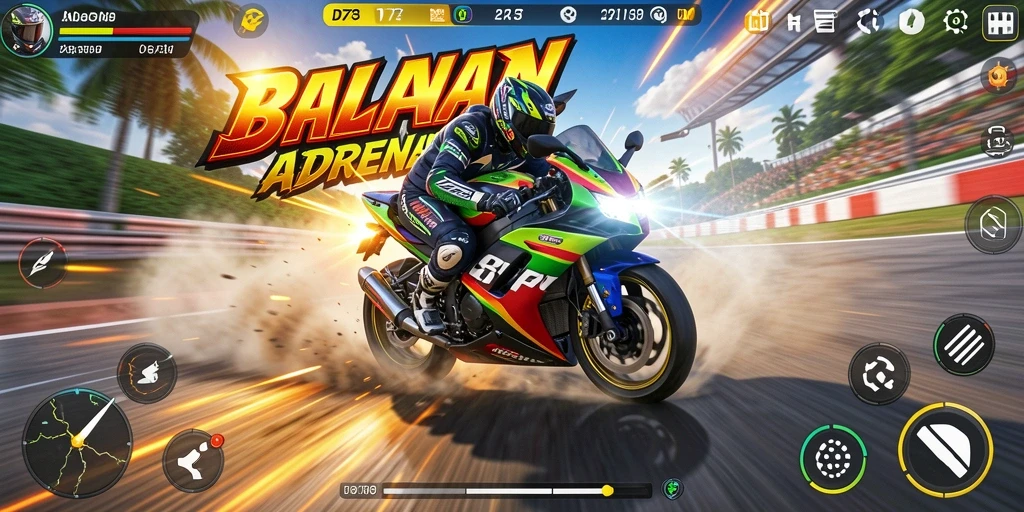 Tangkapan layar gameplay D73 menampilkan balapan motor yang mendebarkan.